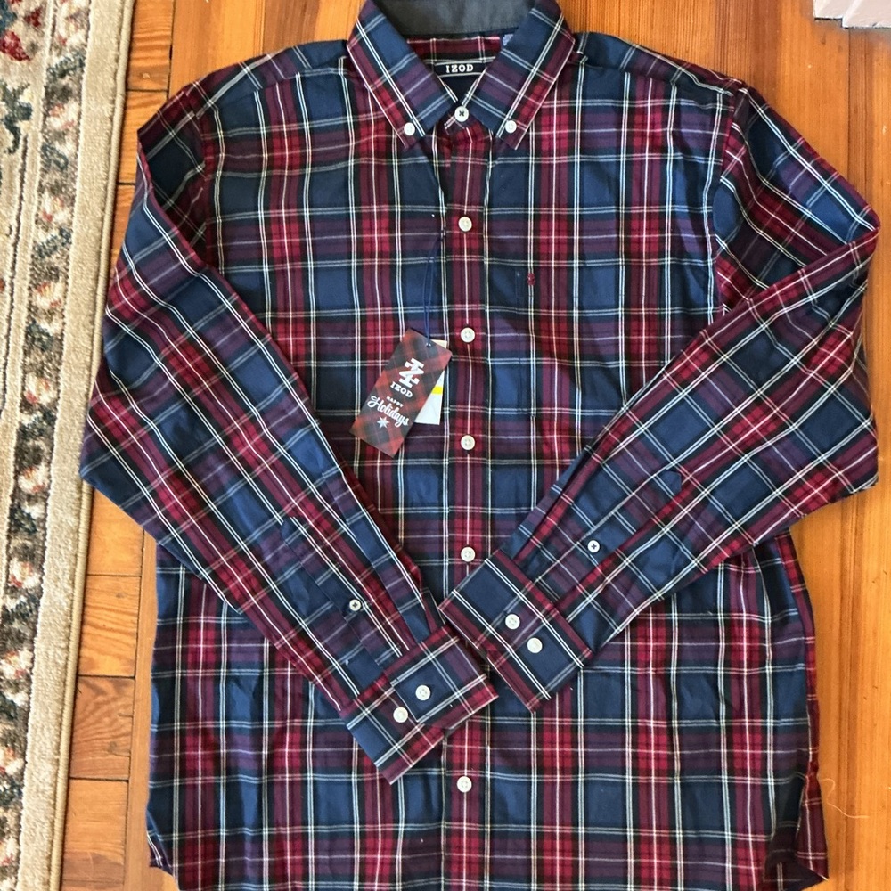 Izod Men's Casual Plaid Shirt - Red and Blue
